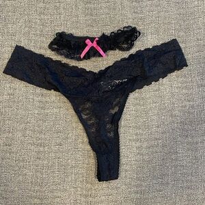 Black lace thong with garter